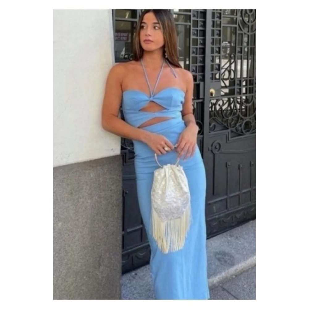 ZARA Blue Cutout Halter Sleeveless Bodycon Midi Cocktail Dress Size XL NWT - Picture 11 of 15